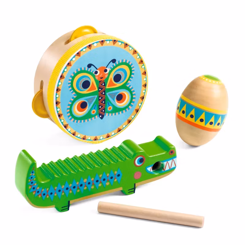Djeco- Set of Percussions: Tambourine, Maracas, Guiro