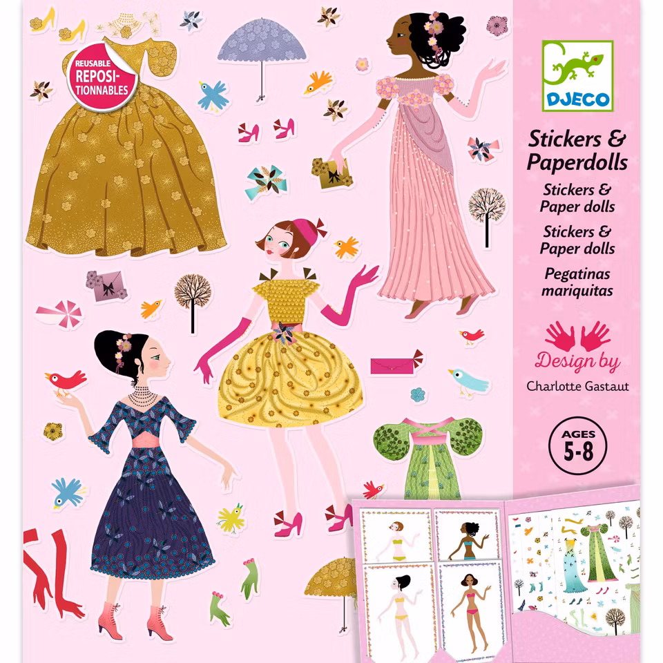 Djeco- Dresses through the seasons- självhäftande klistermärken att använda om och om igen / klisterbok. Pyssla.