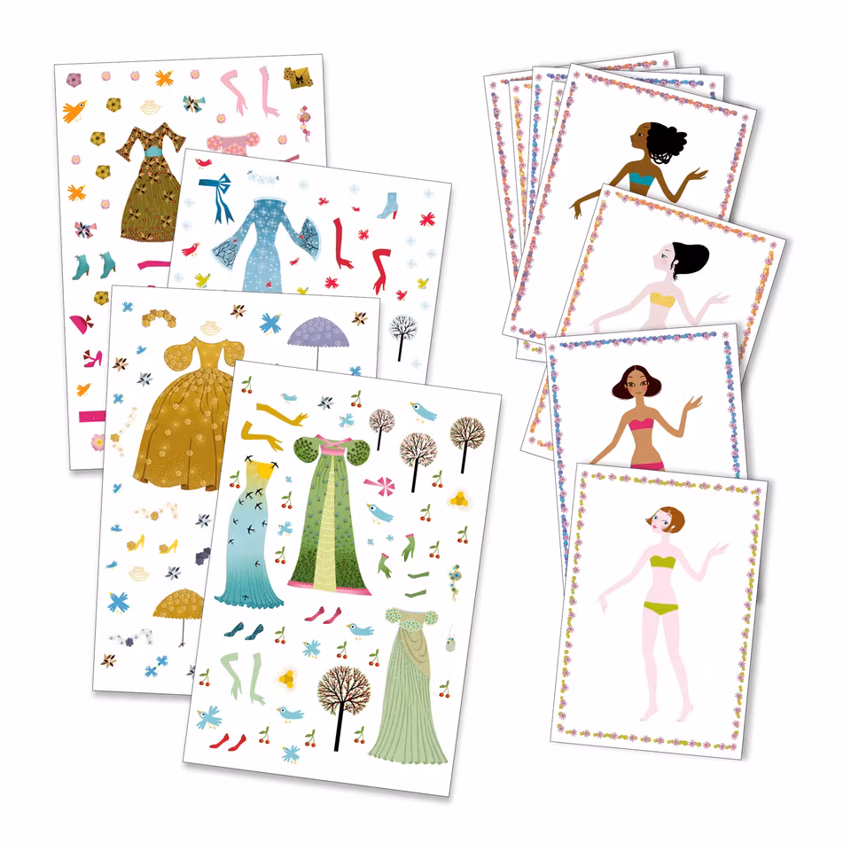 Djeco- Dresses through the seasons- självhäftande klistermärken att använda om och om igen / klisterbok. Pyssla.
