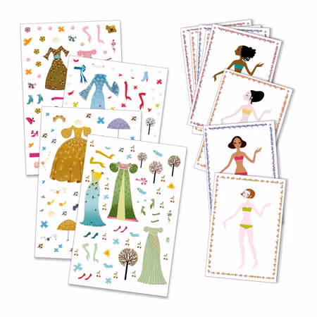 Djeco- Dresses through the seasons- självhäftande klistermärken att använda om och om igen / klisterbok. Pyssla.