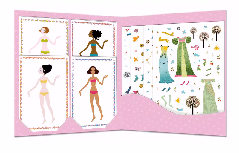 Djeco- Dresses through the seasons- självhäftande klistermärken att använda om och om igen / klisterbok. Pyssla.