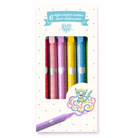 Djeco- 6 Silver Outline Pens/ metallic-pennor i silver med konturer