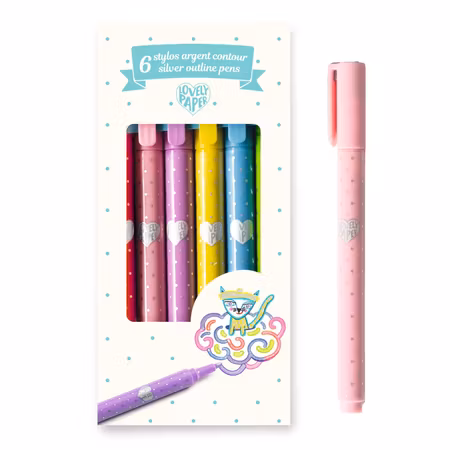 Djeco- 6 Silver Outline Pens/ metallic-pennor i silver med konturer