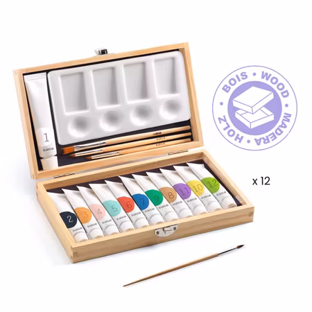 Djeco- 12 Gouaches - Artist's Box / trälåda 12 tuber vattenlöslig och täckande (opak) gouache färg.