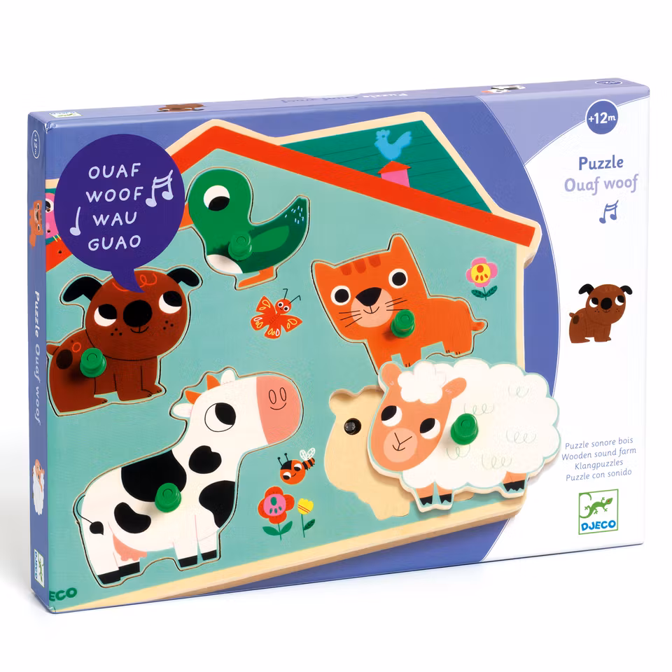 Djeco- Sound Puzzle - Ouaf Woof, 5 pcs