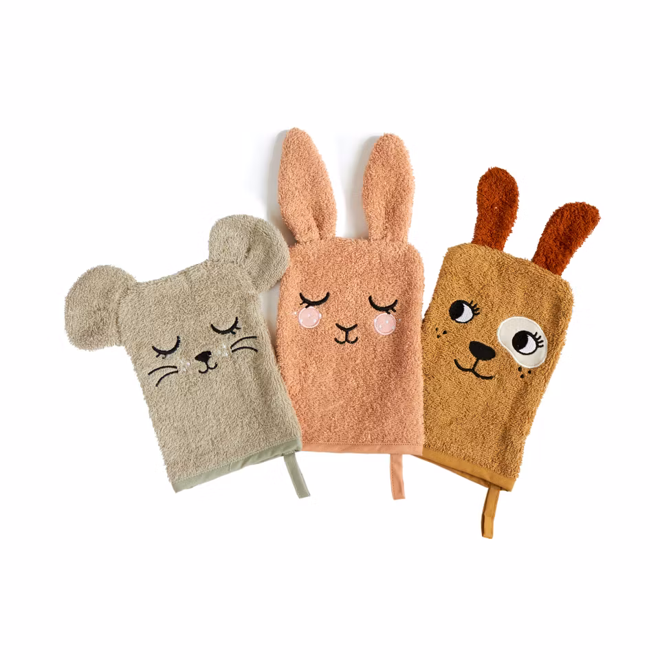 Roommate- WASH GLOVES - BUNNY, MOUSE, DOG set med 3