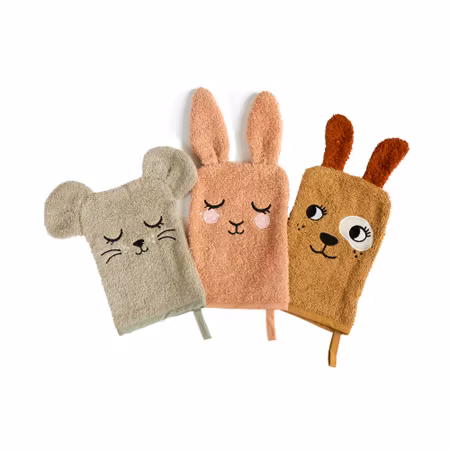 Roommate- WASH GLOVES - BUNNY, MOUSE, DOG set med 3