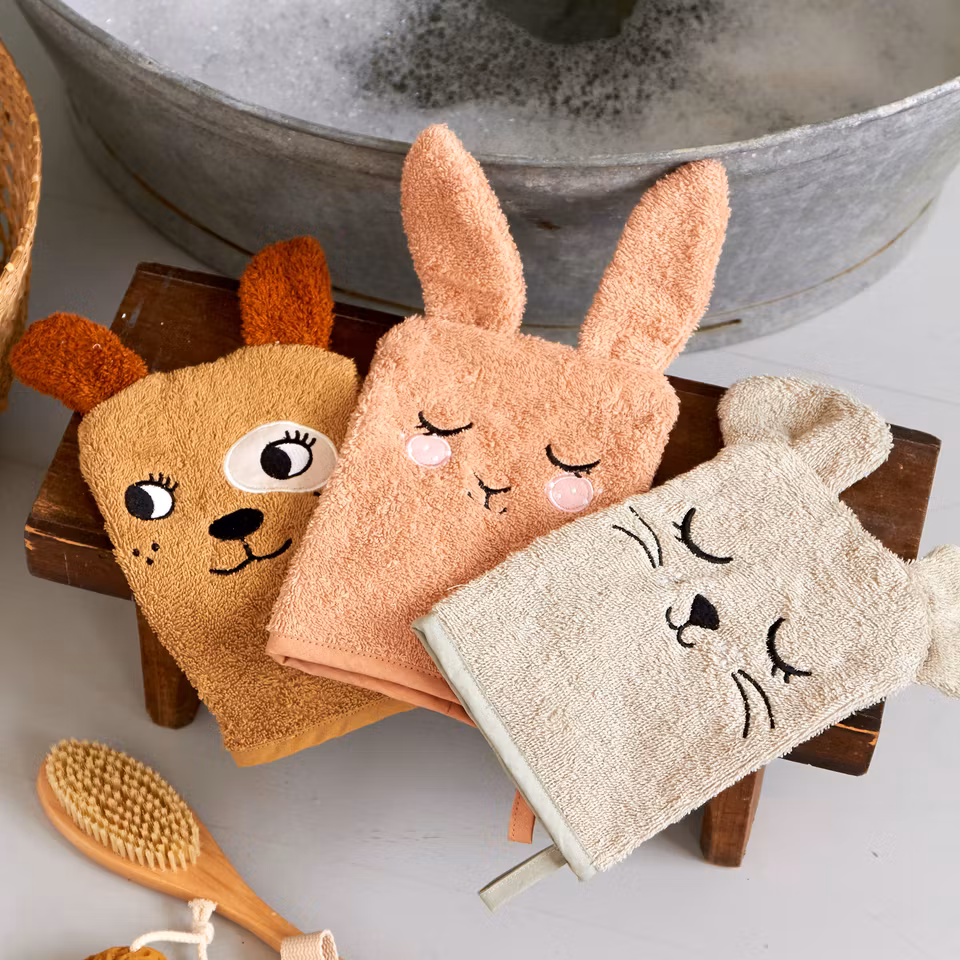 Roommate- WASH GLOVES - BUNNY, MOUSE, DOG set med 3