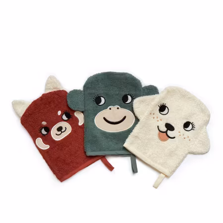 Roommate- Wash Gloves - MONKEY, RED PANDA, DOG, set med 3