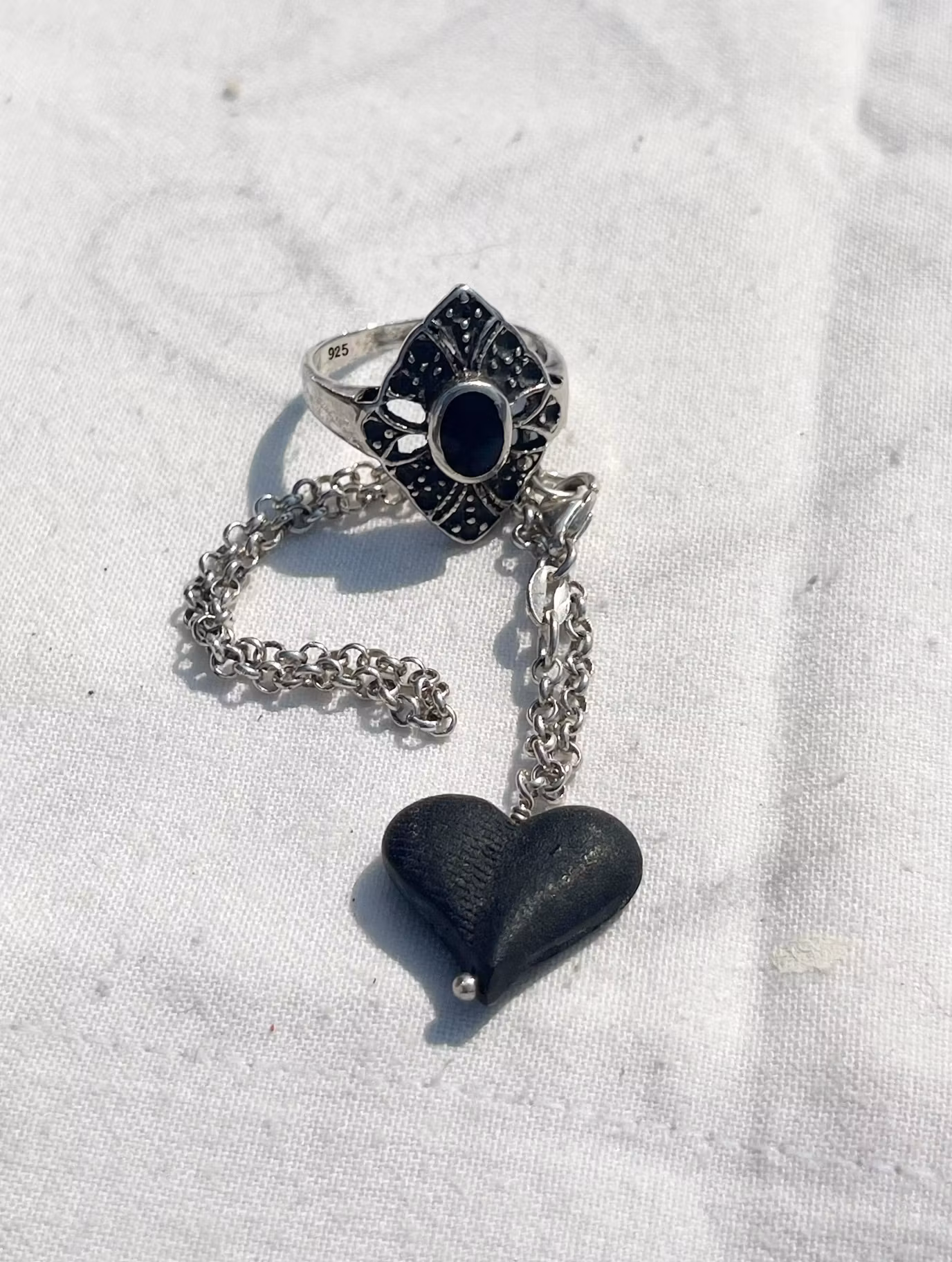 Vintage 925 Sett – Gotisk Ring og Hjertelenke 🖤