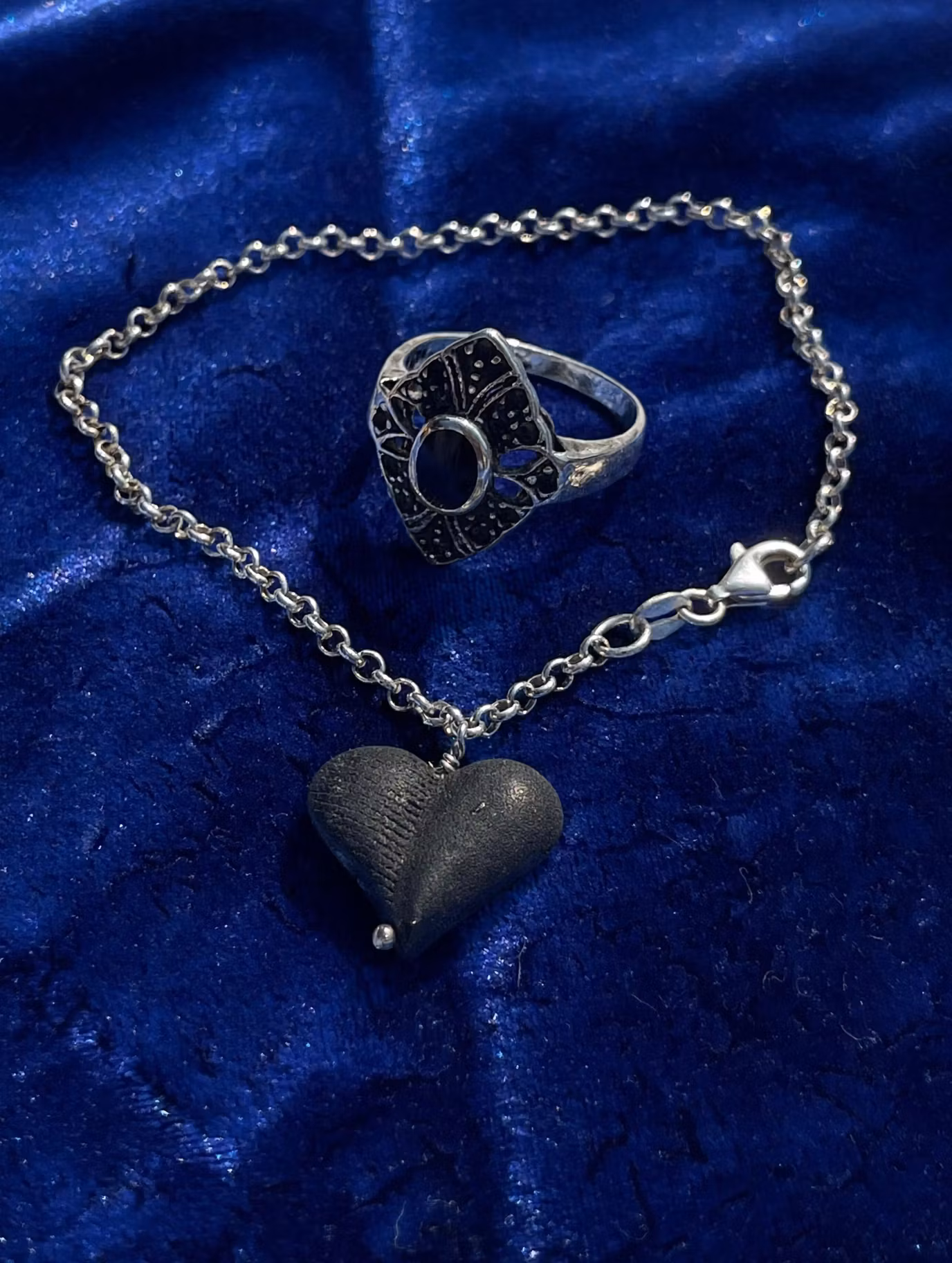 Vintage 925 Sett – Gotisk Ring og Hjertelenke 🖤