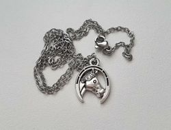 Silverfärgat halsband med en häst i hästsko, berlock / charm