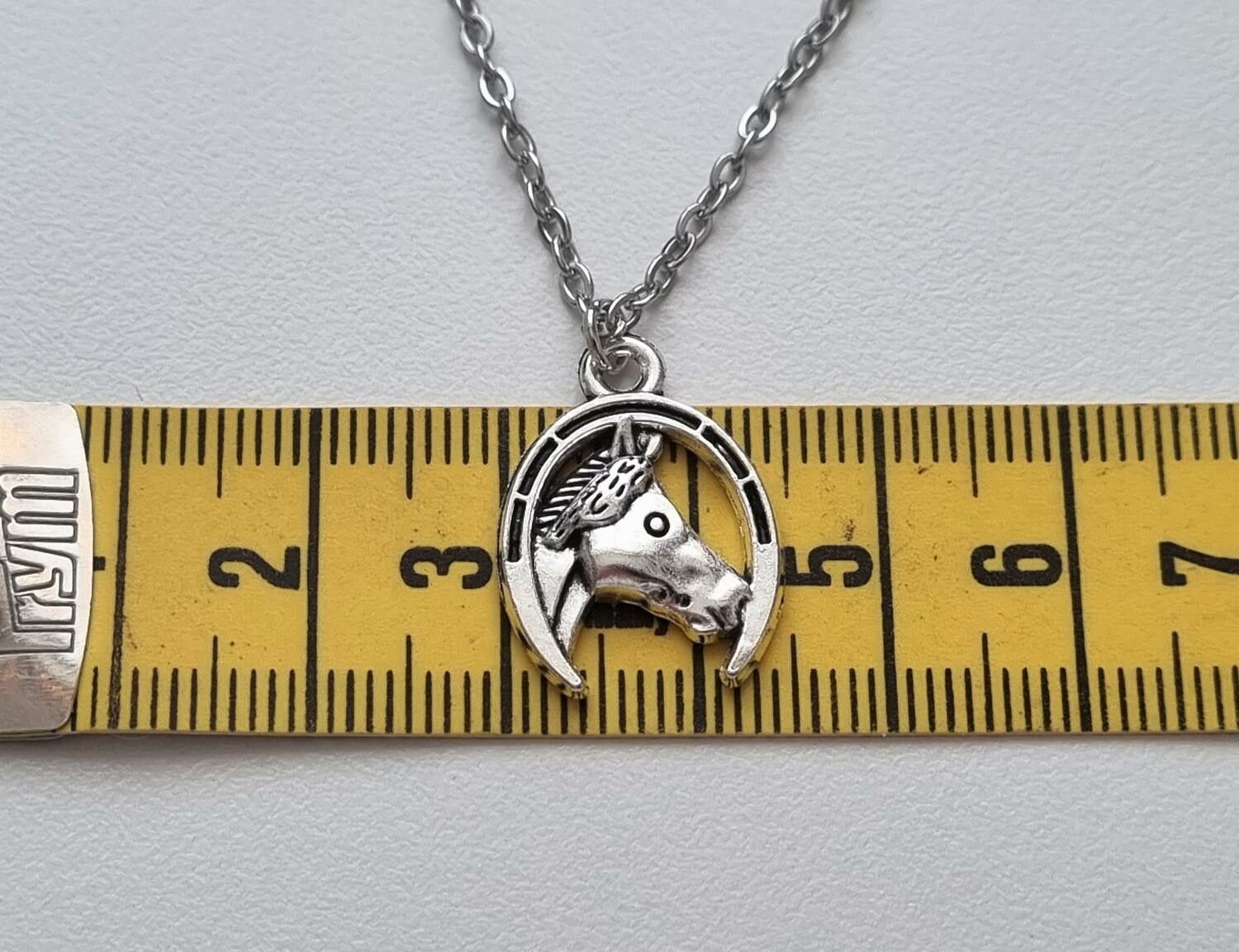 Silverfärgat halsband med en häst i hästsko, berlock / charm
