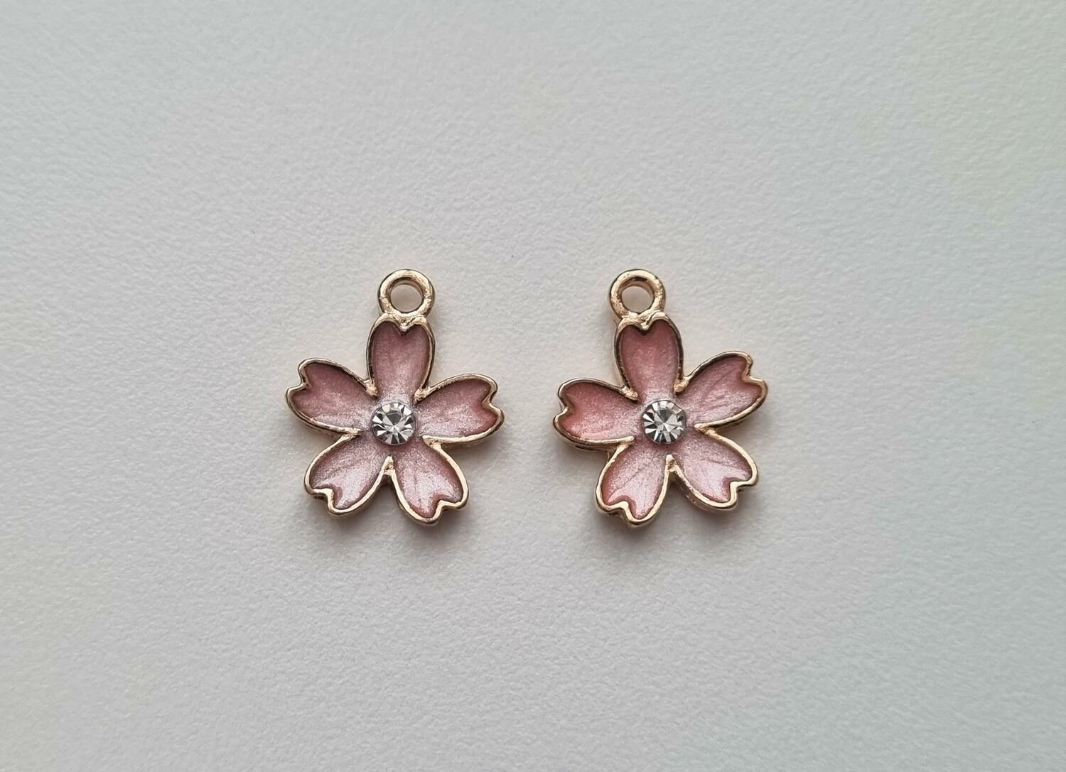 2 st rosa blommor med strasspärla, berlocker charms