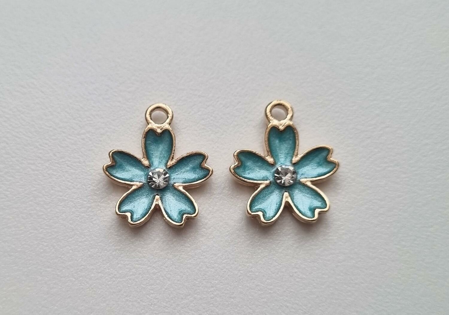 2 st blå blommor med strasspärla, berlocker charms