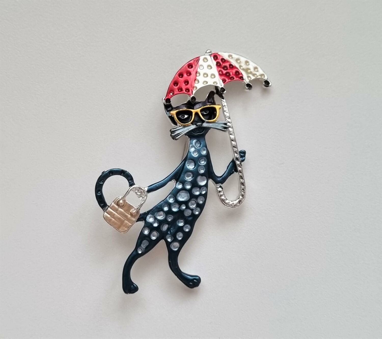 1 st detaljrik brosch hänge - Katt med paraply (variant 2)