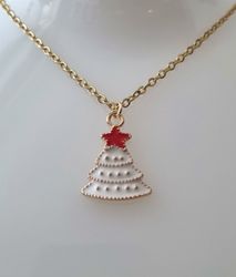 Guldfärgat halsband (45 cm) i rostfritt stål med söt berlock - Julgran