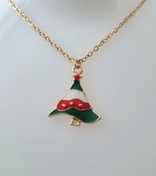 Guldfärgat halsband (45 cm) i rostfritt stål med söt berlock - Julgran