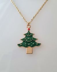 Guldfärgat halsband (45 cm) i rostfritt stål med söt berlock - Julgran
