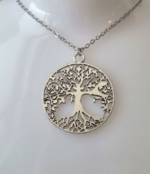 Halsband (50 cm) i rostfritt stål med stor berlock - Livets Träd (variant 2)