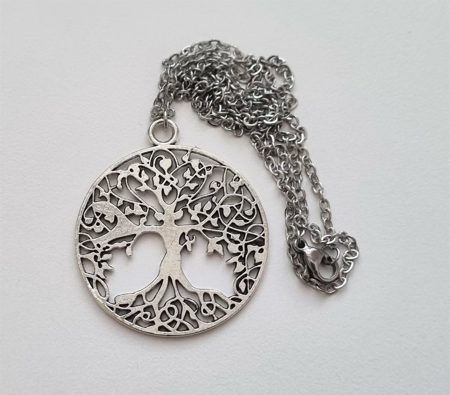 Halsband (50 cm) i rostfritt stål med stor berlock - Livets Träd (variant 2)