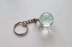Nyckelring Glaskula glasboll med torkad blomma (turkos)