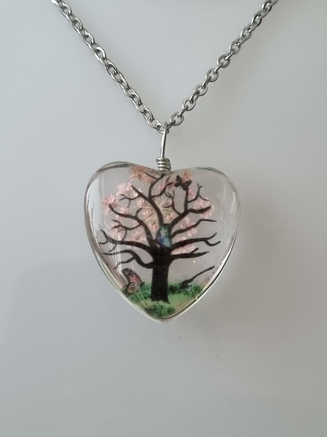 Halsband med hjärtformad glasberlock - Stort träd (50 cm lång kedja) - Rosa