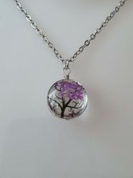 Halsband med rund glasberlock - Lila träd (45 cm lång kedja)
