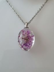 Halsband med oval glasberlock (45 cm lång kedja) - Lila glasberlock