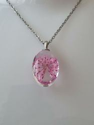 Halsband med oval glasberlock (50 cm lång kedja) - Lila/cerise