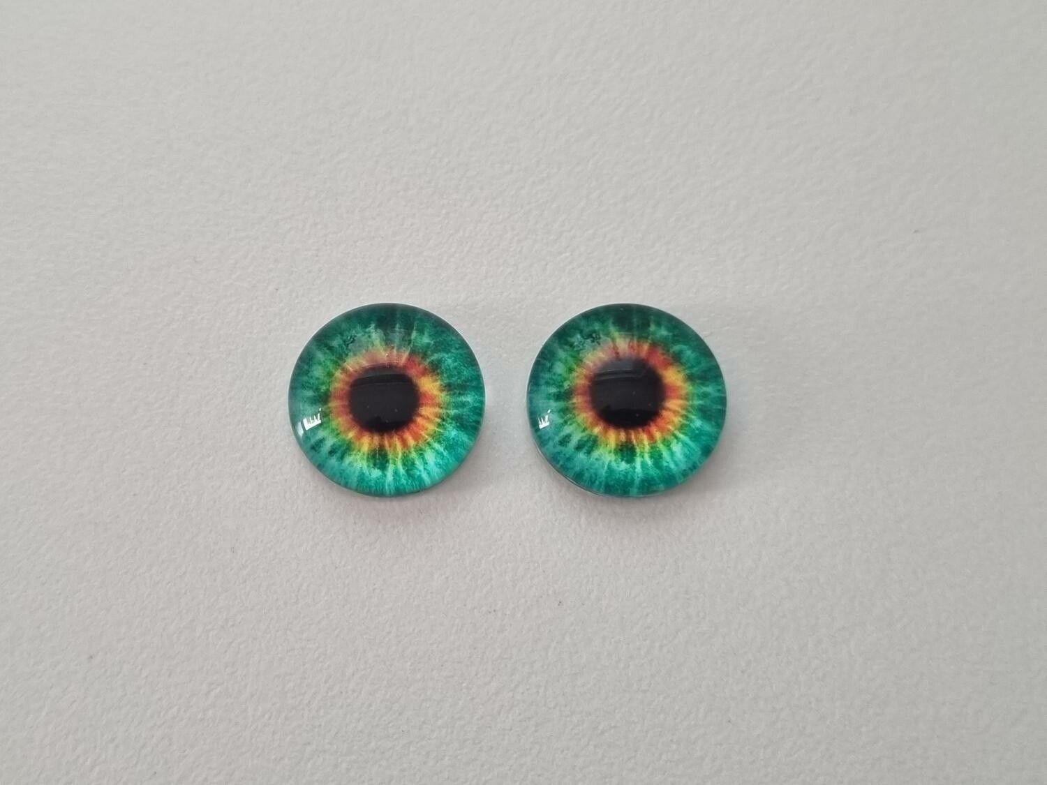 2 st drakögon kattögon i glas, glasinfattningar, cabochoner (12 mm)