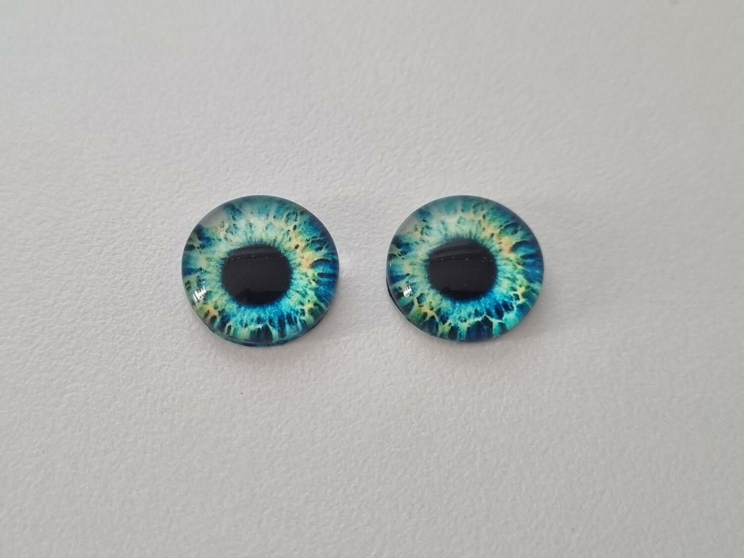 2 st drakögon kattögon i glas, glasinfattningar, cabochoner (12 mm)