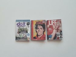 3 st retrotidningar, miniatyrböcker, minibok till dockskåp dockhus