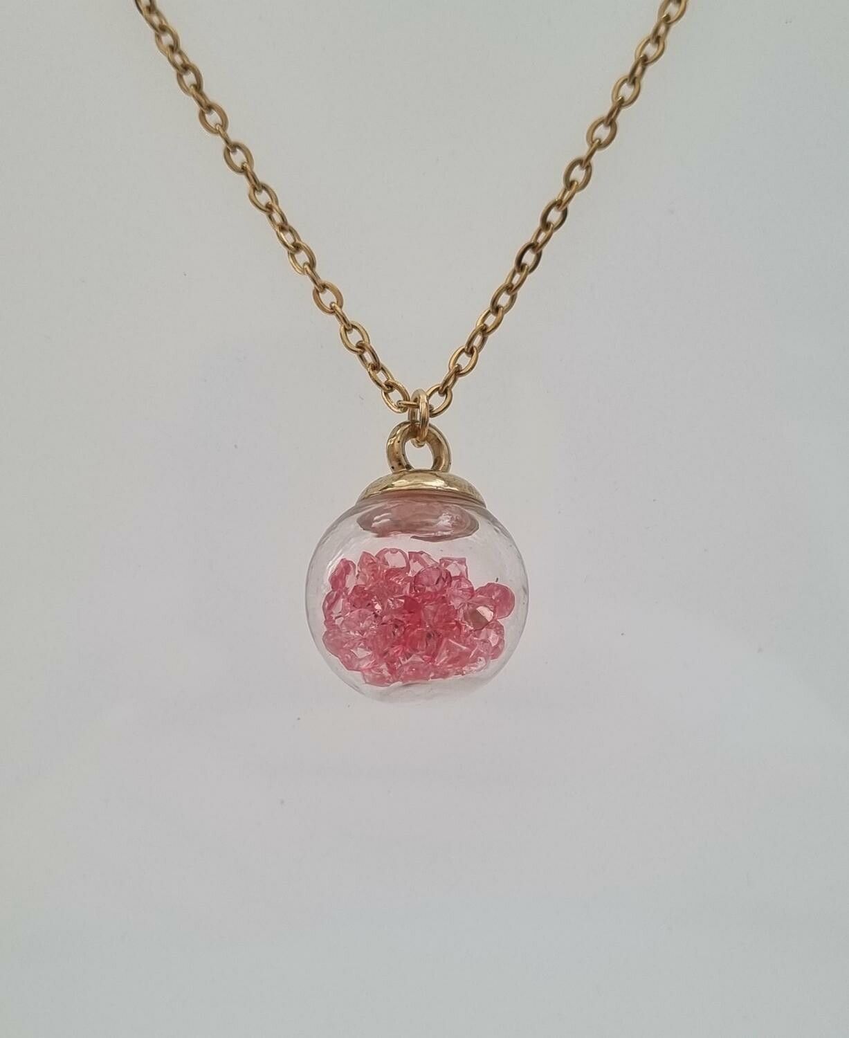 Halsband med en rund glasberlock/glaskula (45 cm lång kedja, rosa)