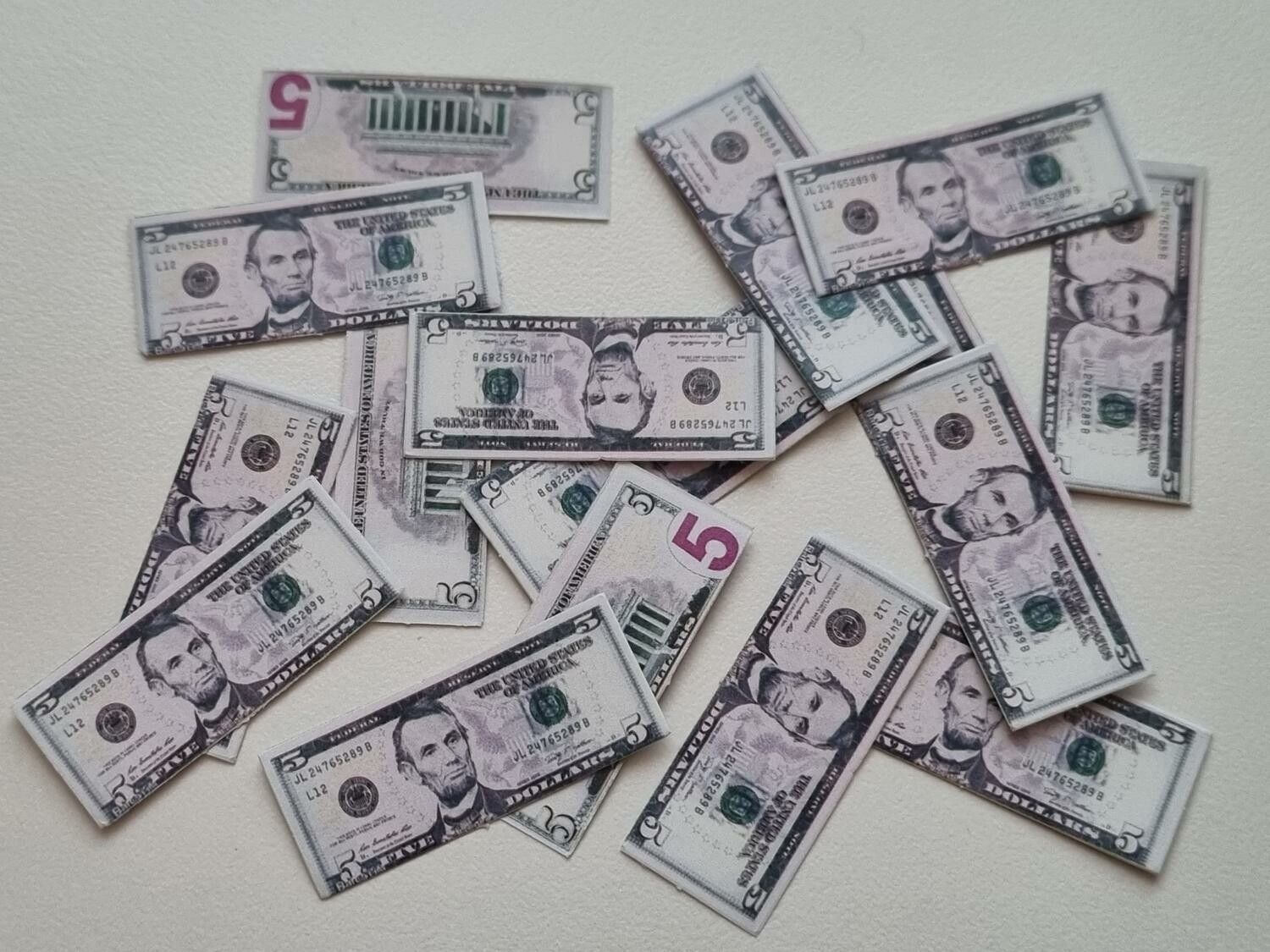 20 st miniatyrer - Sedlar Leksakspengar, Låtsaspengar - 5 dollar