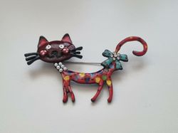 1 st detaljrik brosch hänge - Färgglad katt (röd)