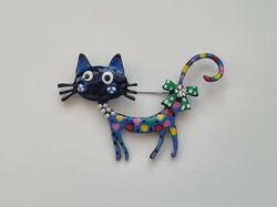 1 st detaljrik brosch hänge - Färgglad katt (blå)