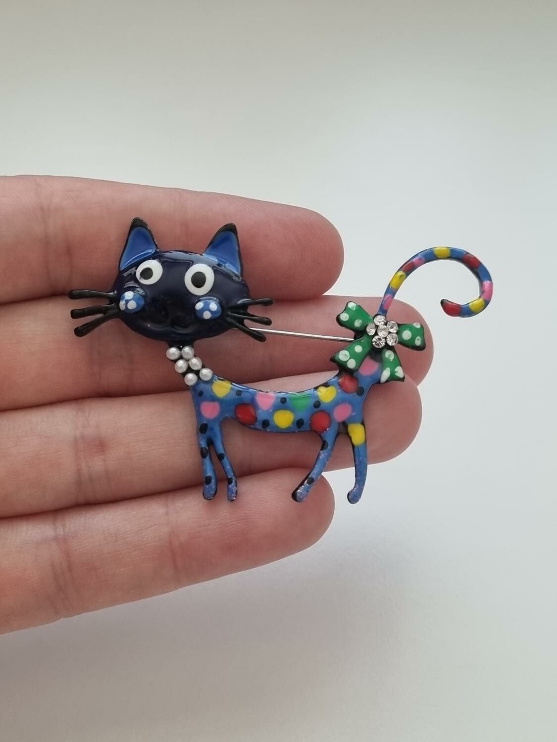 1 st detaljrik brosch hänge - Färgglad katt (blå)