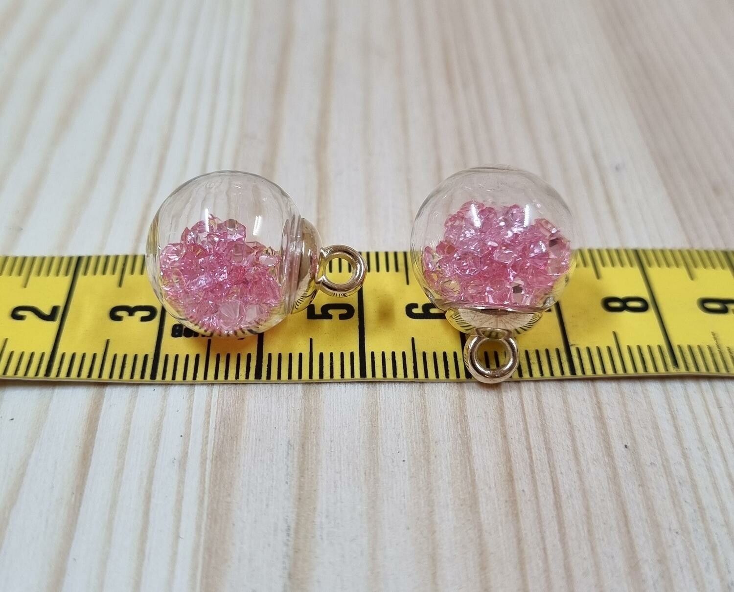 2 st runda glasberlocker, miniflaskor / glasflaskor med ögla (Rosa fyllning)