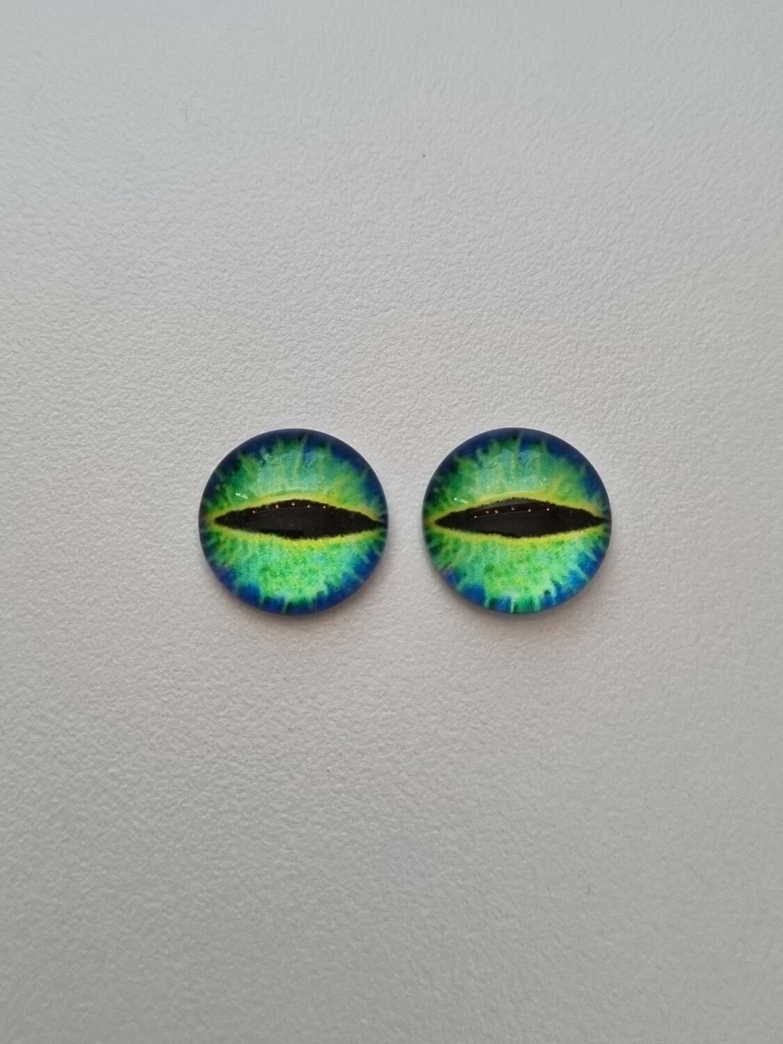 2 st drakögon kattögon i glas, glasinfattningar, cabochoner (12 mm)