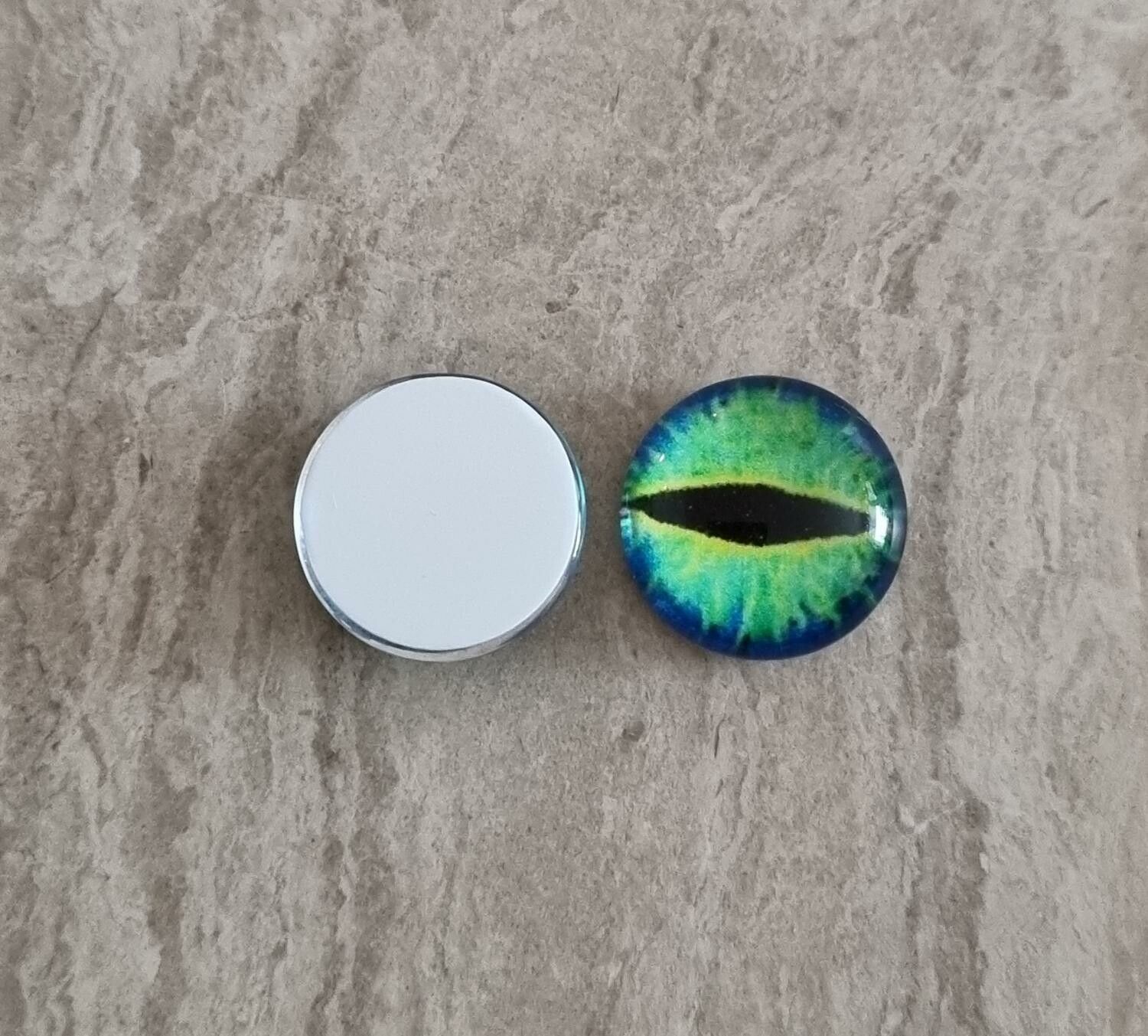 2 st drakögon kattögon i glas, glasinfattningar, cabochoner (12 mm)