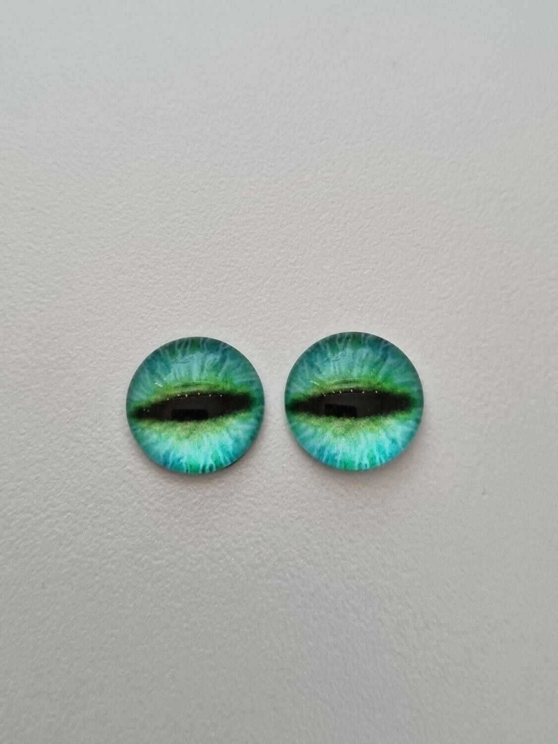 2 st drakögon kattögon i glas, glasinfattningar, cabochoner (12 mm)