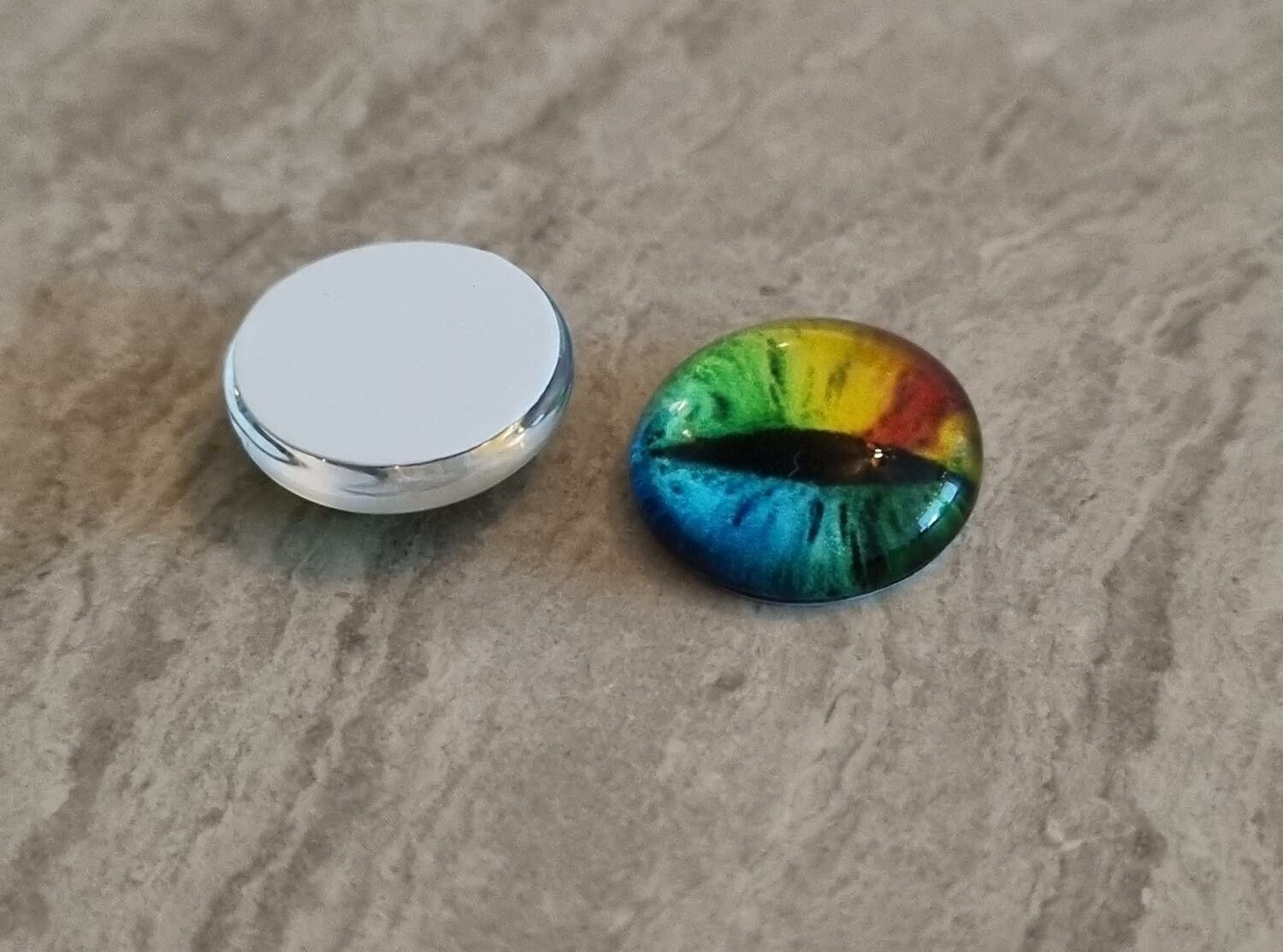 2 st drakögon kattögon i glas, glasinfattningar, cabochoner (12 mm)