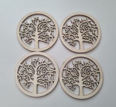 4 st trädekorationer, dekorationer i trä, livets träd (50 mm i diameter)