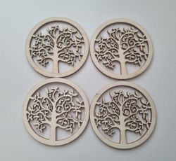 4 st trädekorationer, dekorationer i trä, livets träd (50 mm i diameter)