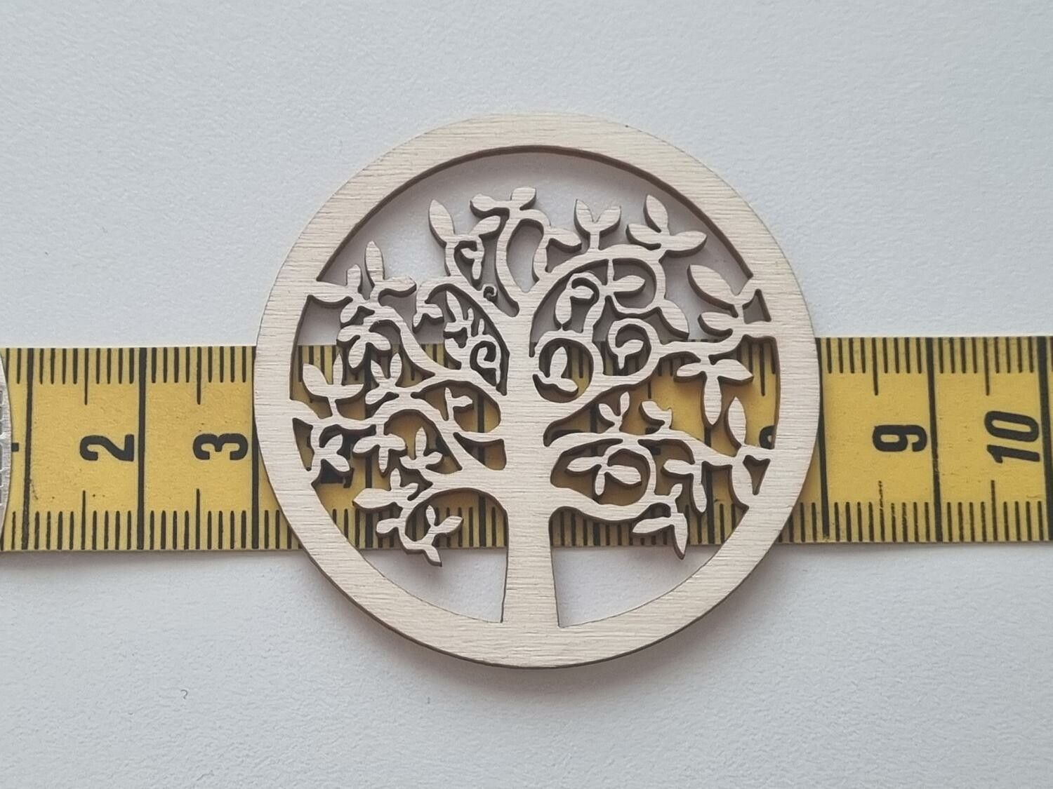 4 st trädekorationer, dekorationer i trä, livets träd (50 mm i diameter)