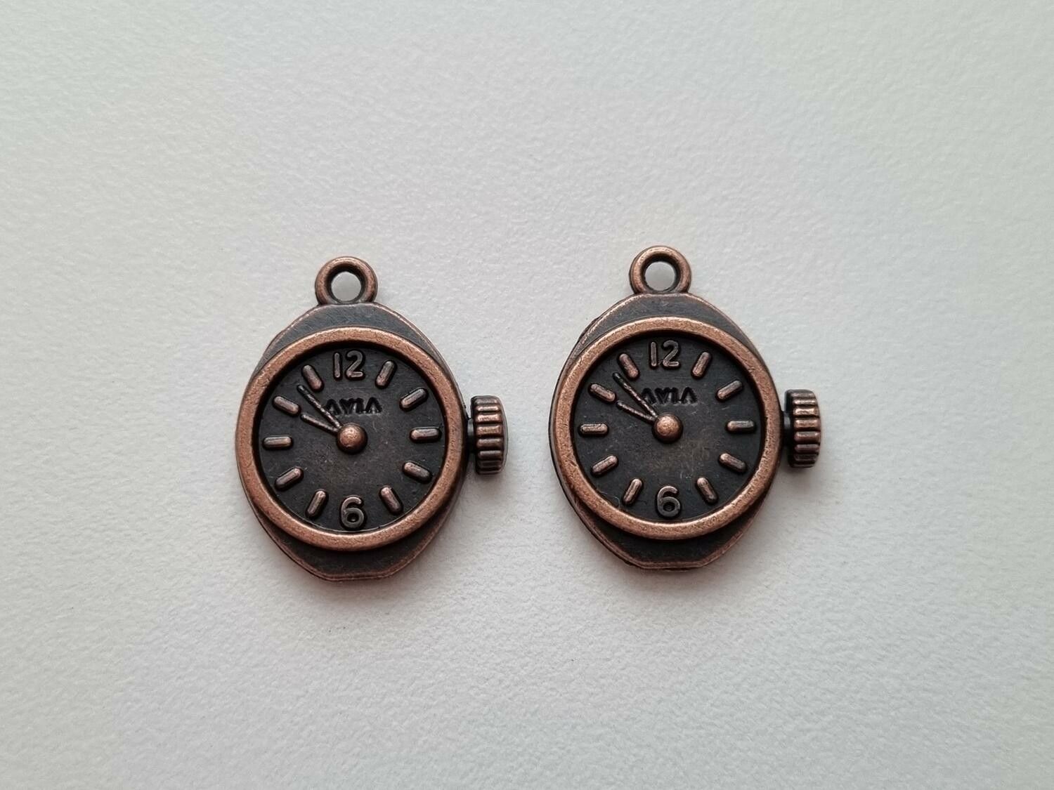 2 st fina berlocker klockor i steampunk, kopparfärgade klockberlocker