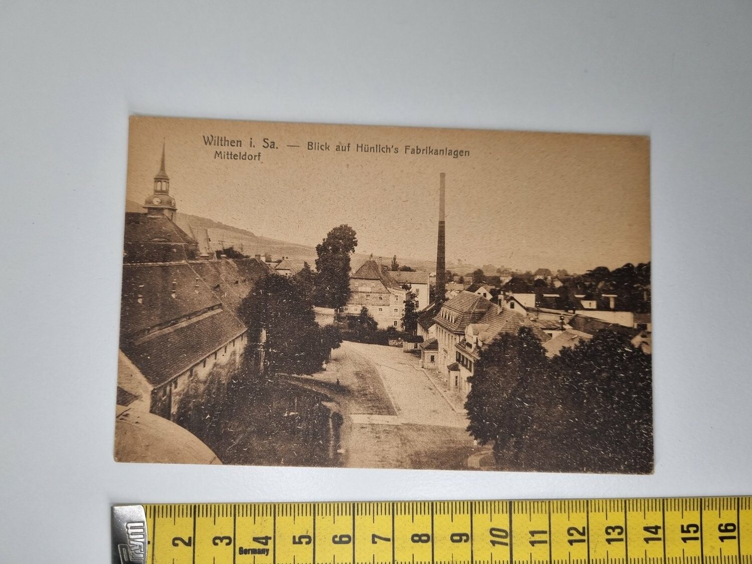 Äldre vykort. Wilthen i. Sa. Blick auf Hünlich's Fabrikanlagen Mitteldorf
