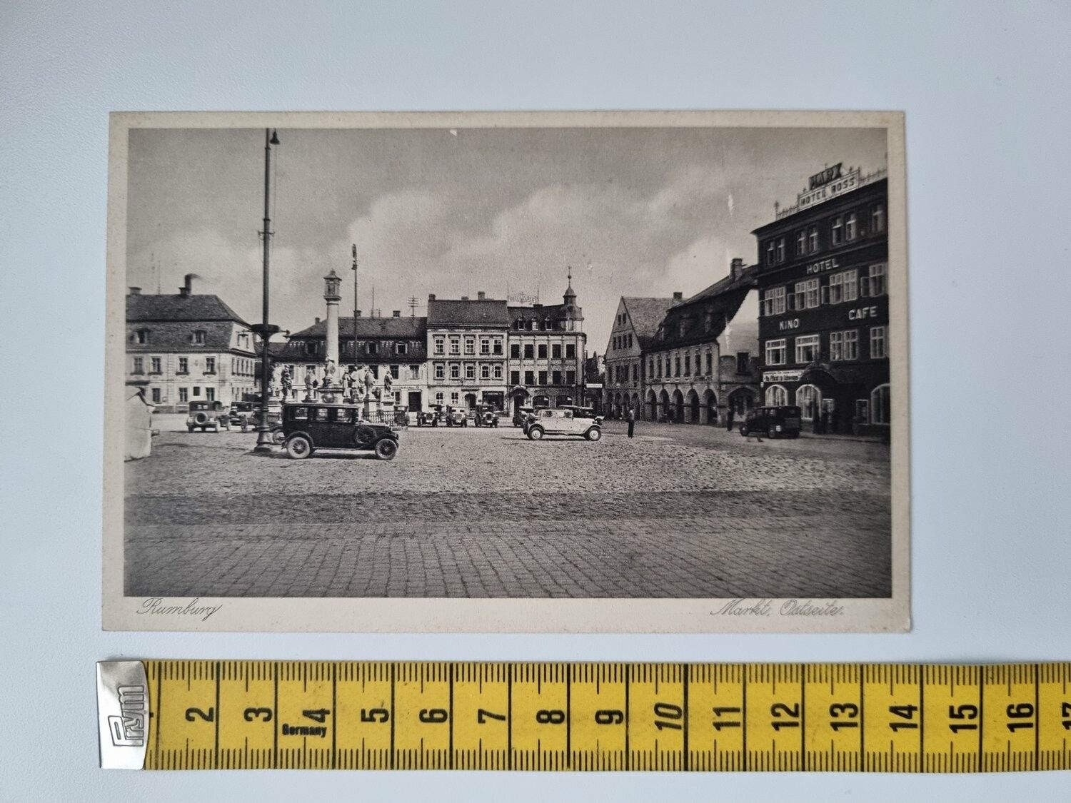 Äldre vykort. Rumburg Markt mit Pestsäule. Ostämplat