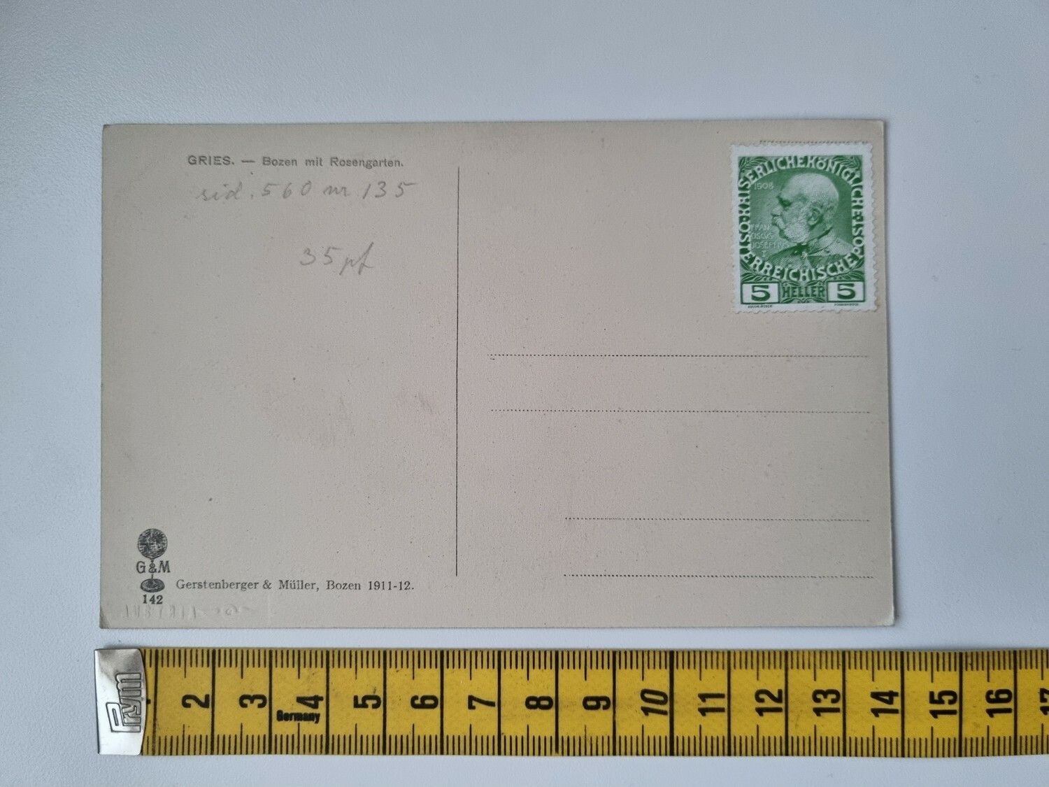 Äldre vykort. Gries. Ostämplat (1908, 5 Heller, Kaiser Franz Joseph)